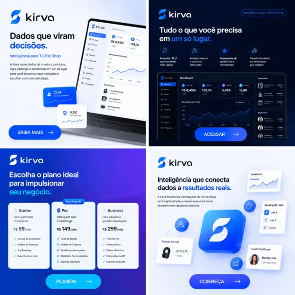 Dashboard da Kirva com produtos, criadores, lojas, rankings e tendências